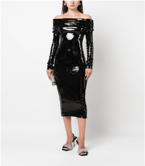 Off-shoulder black sequin midi dress